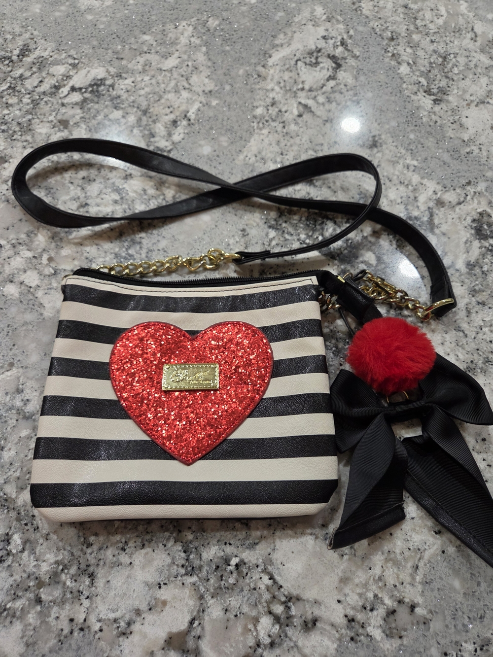 Betsey Johnson Black & White Stripe Crossbody with Red Glitter Heart